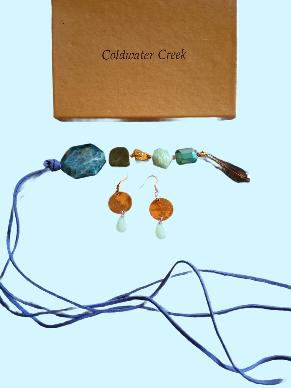 Coldwater Creek Teal, Gold and Pale Green Necklace with Earrings